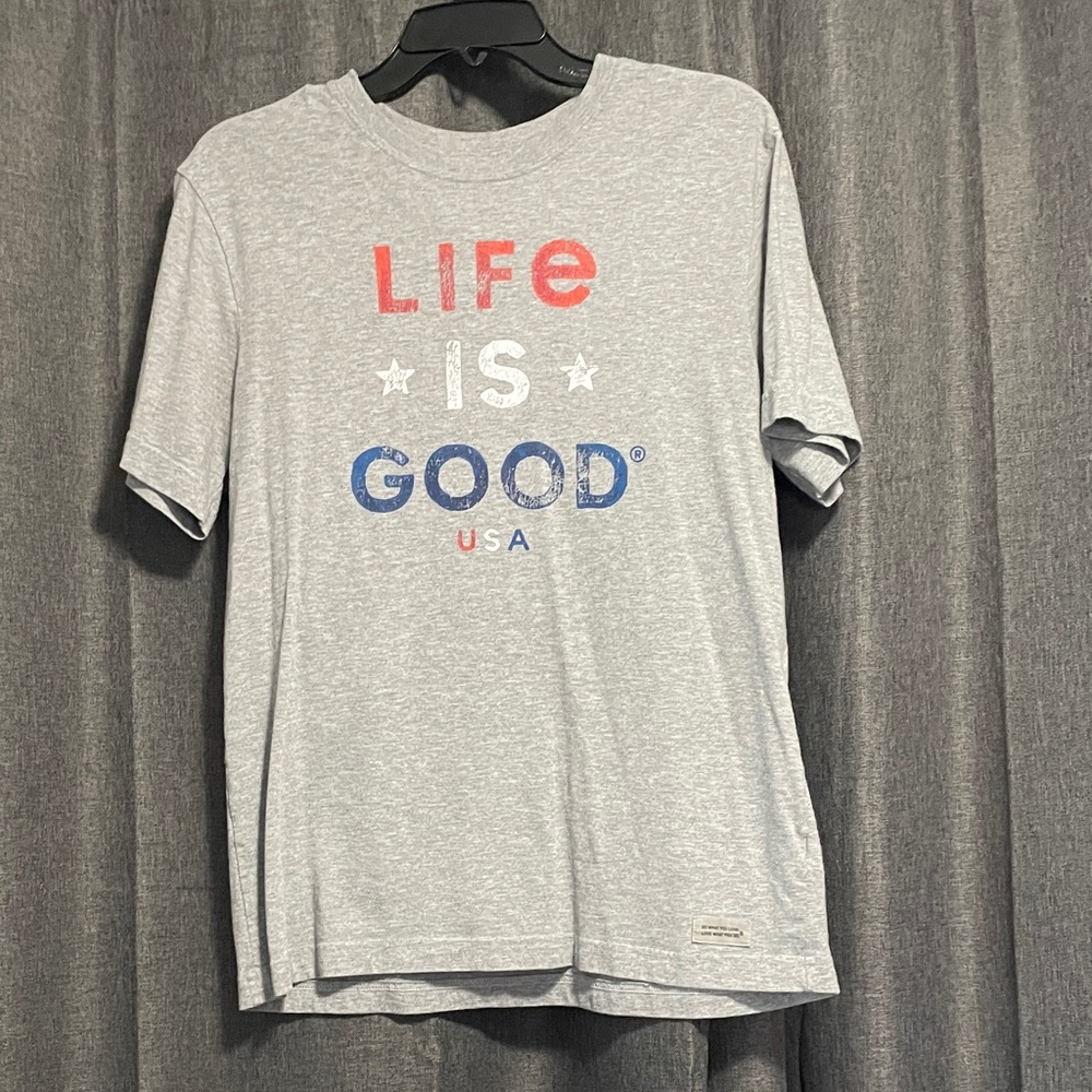Life Is Good Men's Heather Gray Short Sleeve Tee with Red & Blue Logo